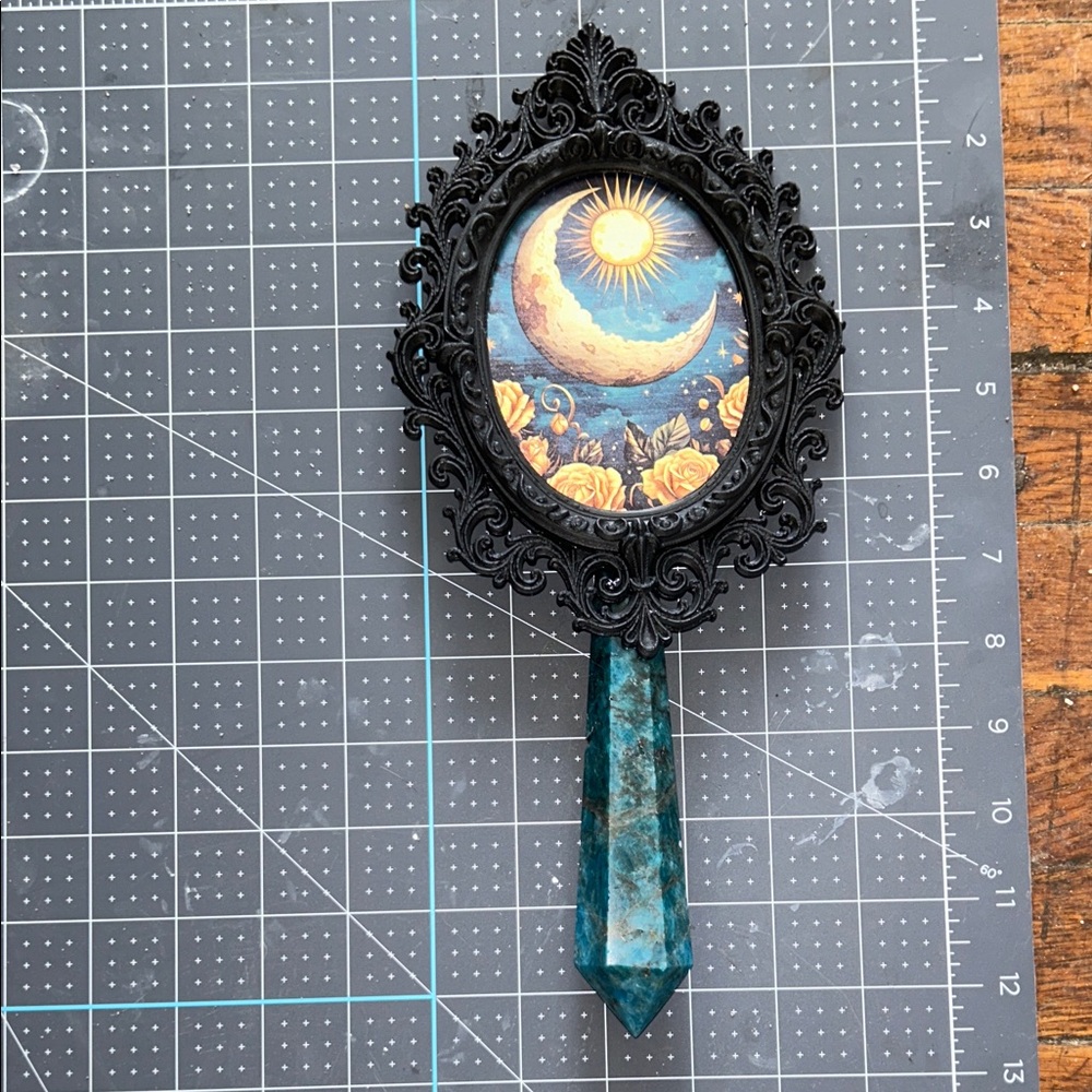 Blue Apatite Wand with Moon & Sun Artwork, handmade
